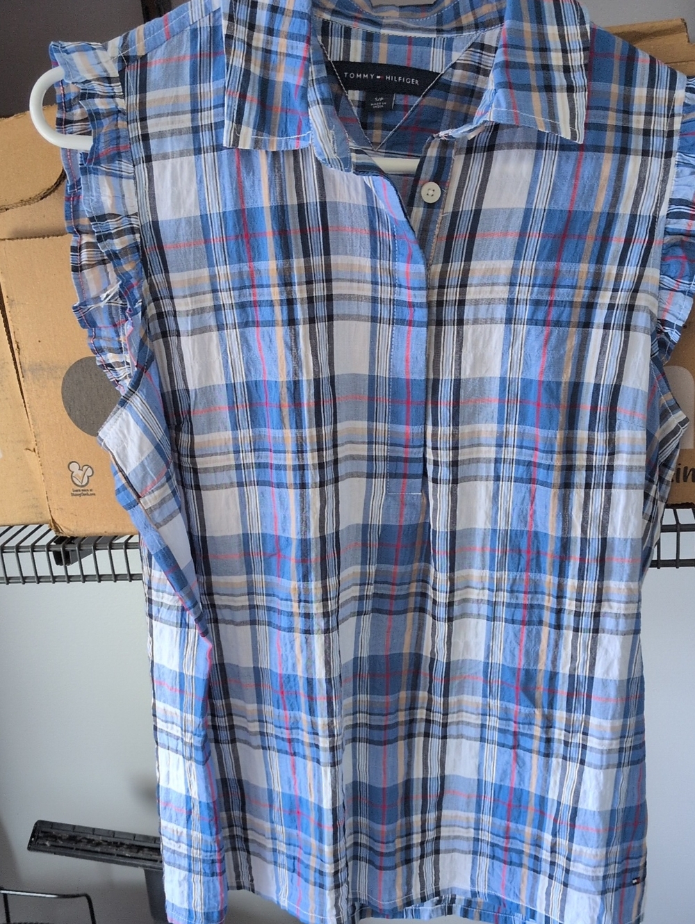 Tommy Hilfiger Light Blue White Plaid Ruffled Sleeve Button-Up